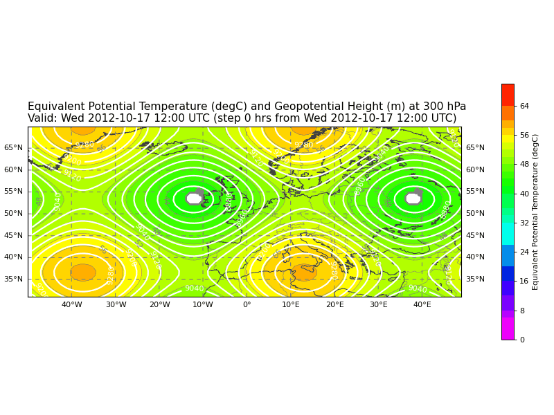 Equivalent Potential Temperature (degC) and Geopotential Height (m)